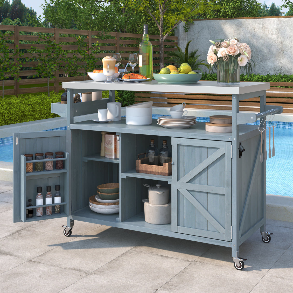 Farmhouse Solid Fir Wood Outdoor Kitchen Island Cart