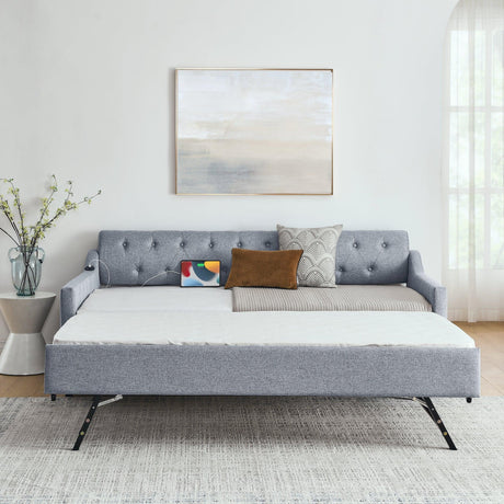 Twin Linen Upholstery Daybed With Erectable Trundle USB Charging - Omega Lifestyles