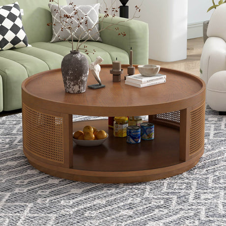 Mid-Century Modern Round Wood Cane Coffee Table - Sleep Galleria