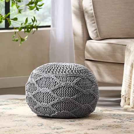 Modern Grey Cotton Knit Weave Pouf 20 Inch - Omega Lifestyles