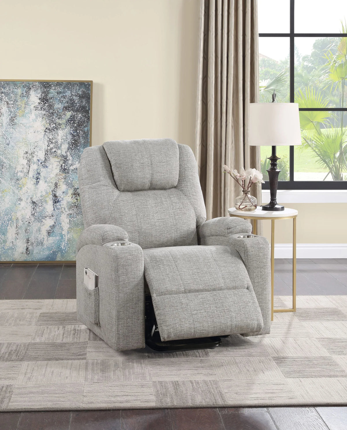 Light Gray Chenille Power Lift Massage Recliner Chair - Omega Lifestyles