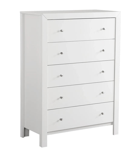 White Five-Drawer Wood Veneer Bedroom Chest - Omega Lifestyles