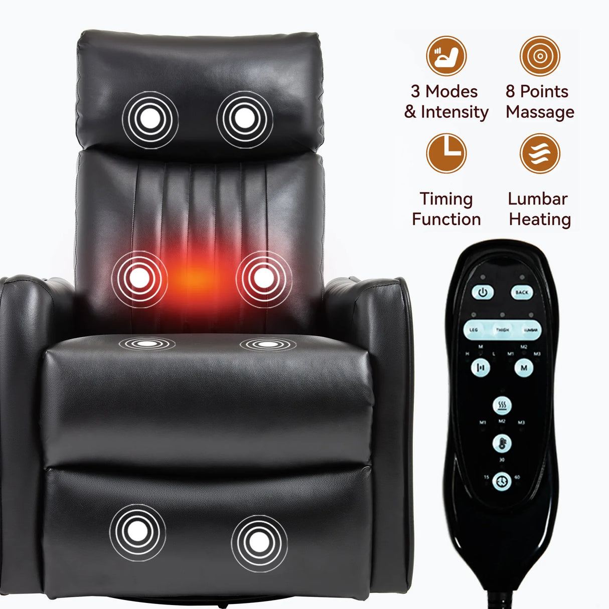 Black Faux Leather Medium-Firm Heat Massage Recliner Chair - Omega Lifestyles