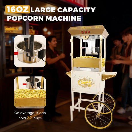Commercial 16Oz Stainless Steel Popcorn Machine With Cart - Omega Lifestyles