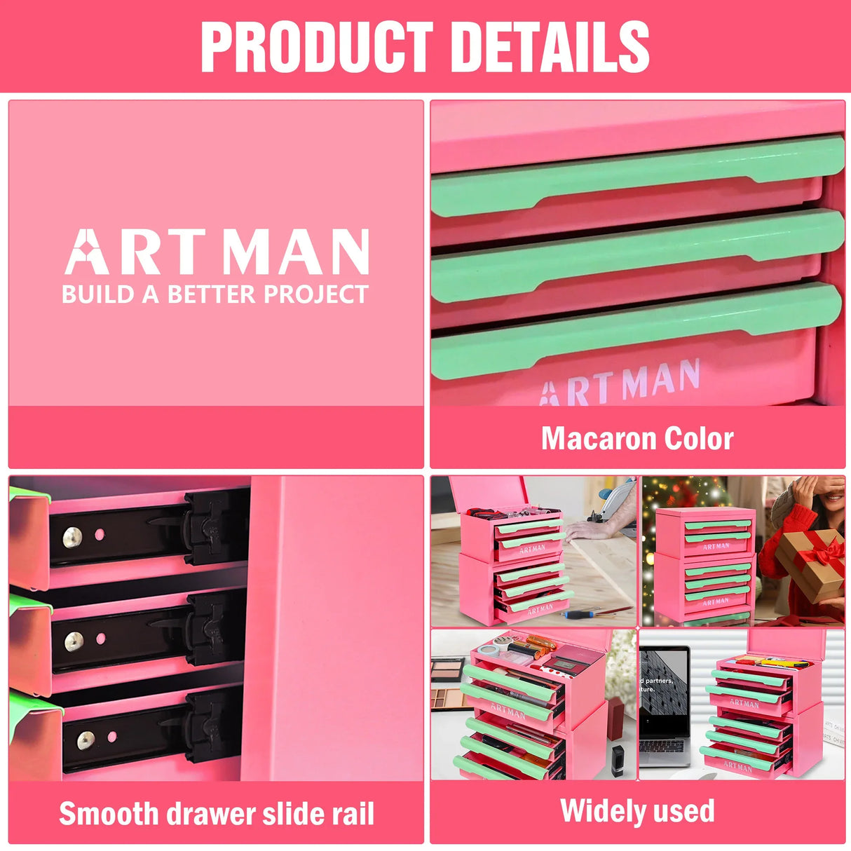 Five-Drawer Pink-Green Cold Rolled Steel Storage Box - Omega Lifestyles