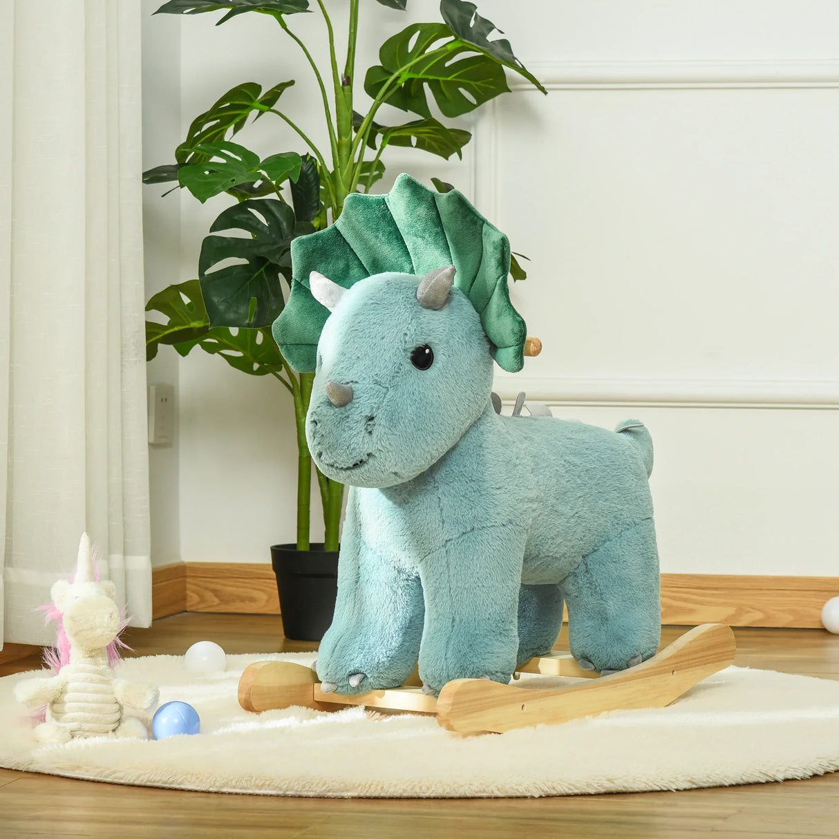 Kids Plush Ride-On Triceratops Rocking Horse With Sounds - Omega Lifestyles