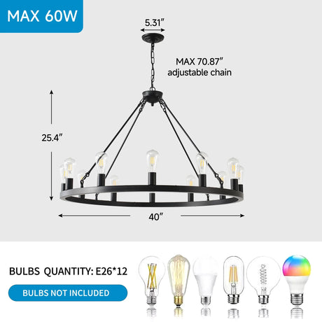 Farmhouse Matte Black Wagon Wheel 12-Light Chandelier - Omega Lifestyles