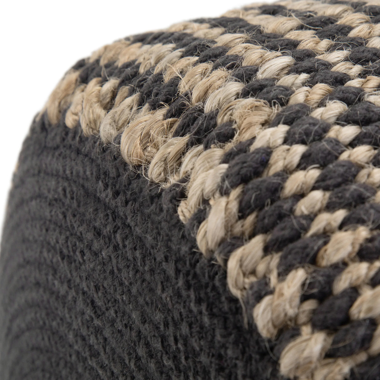 Round Braided Jute Pouf Black Fabric Accent Stool - Omega Lifestyles