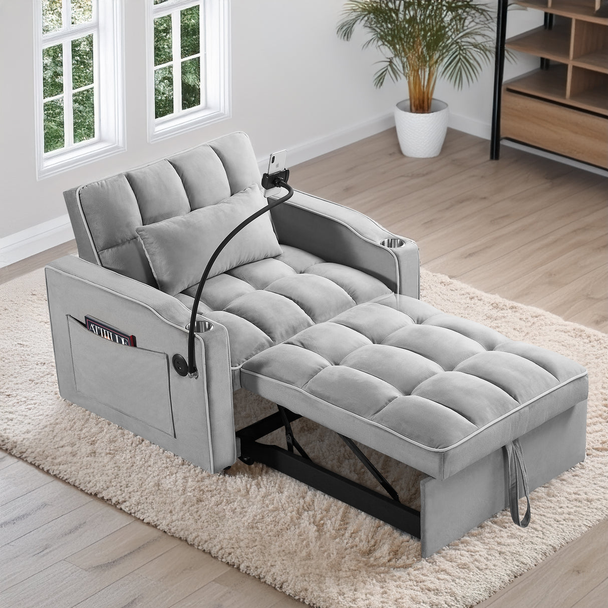 Convertible Velvet Sleeper Chair Bed With USB Ports