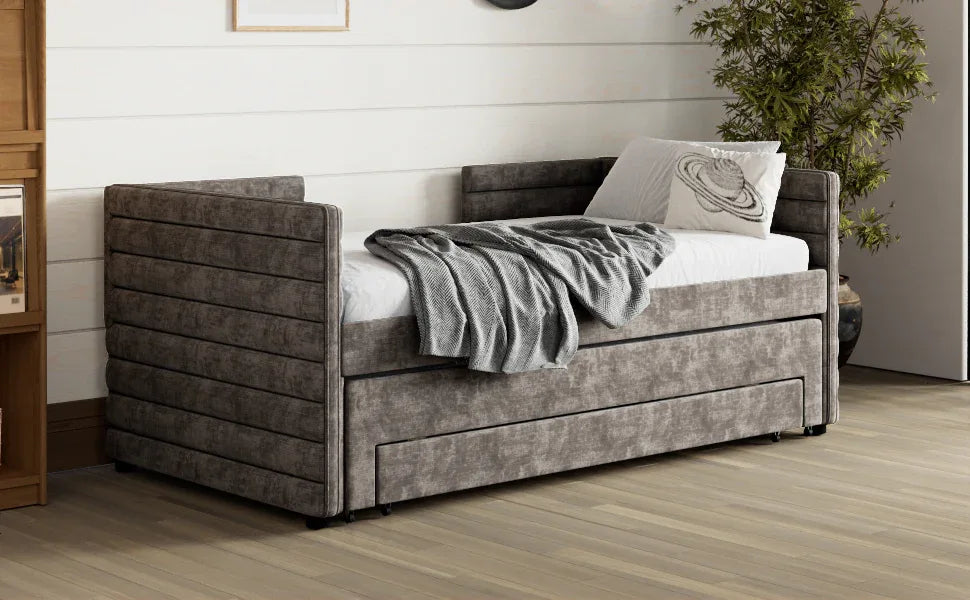 Twin Upholstered Chenille Daybed With Trundle And Drawers - Omega Lifestyles