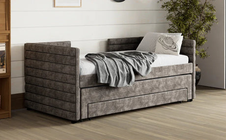 Twin Upholstered Chenille Daybed With Trundle And Drawers - Omega Lifestyles