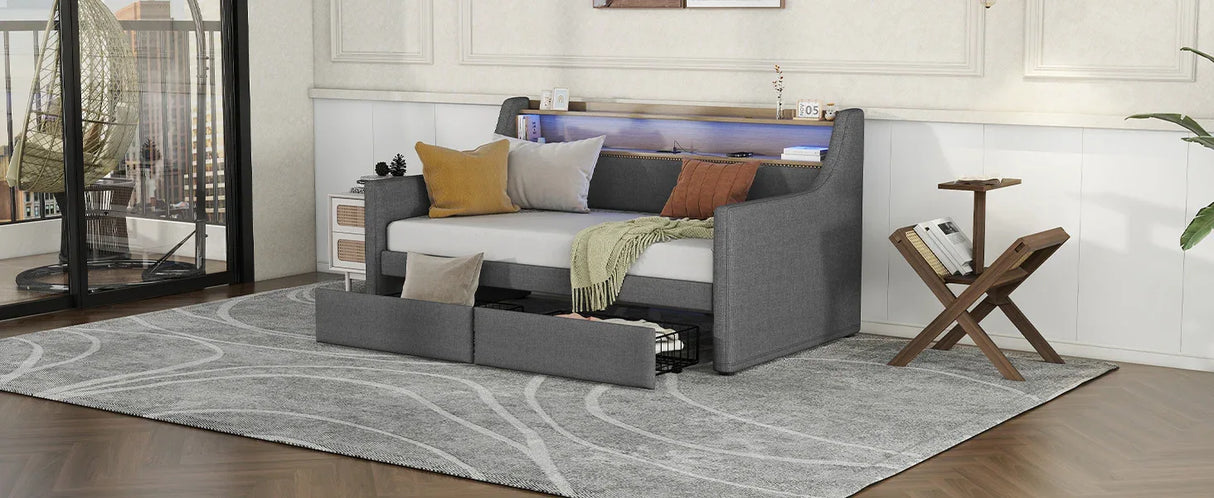 Twin Linen Upholstered Daybed With Storage Drawers Charging Station - Omega Lifestyles