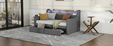 Twin Linen Upholstered Daybed With Storage Drawers Charging Station - Omega Lifestyles