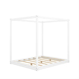 Queen White Pine Wood Canopy Platform Bed with Support Legs