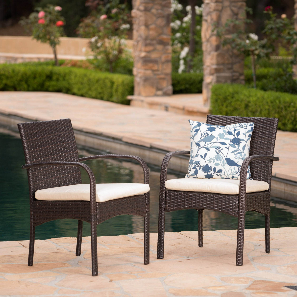 Set of 2 Cushioned Resin Wicker Outdoor Dining Chairs
