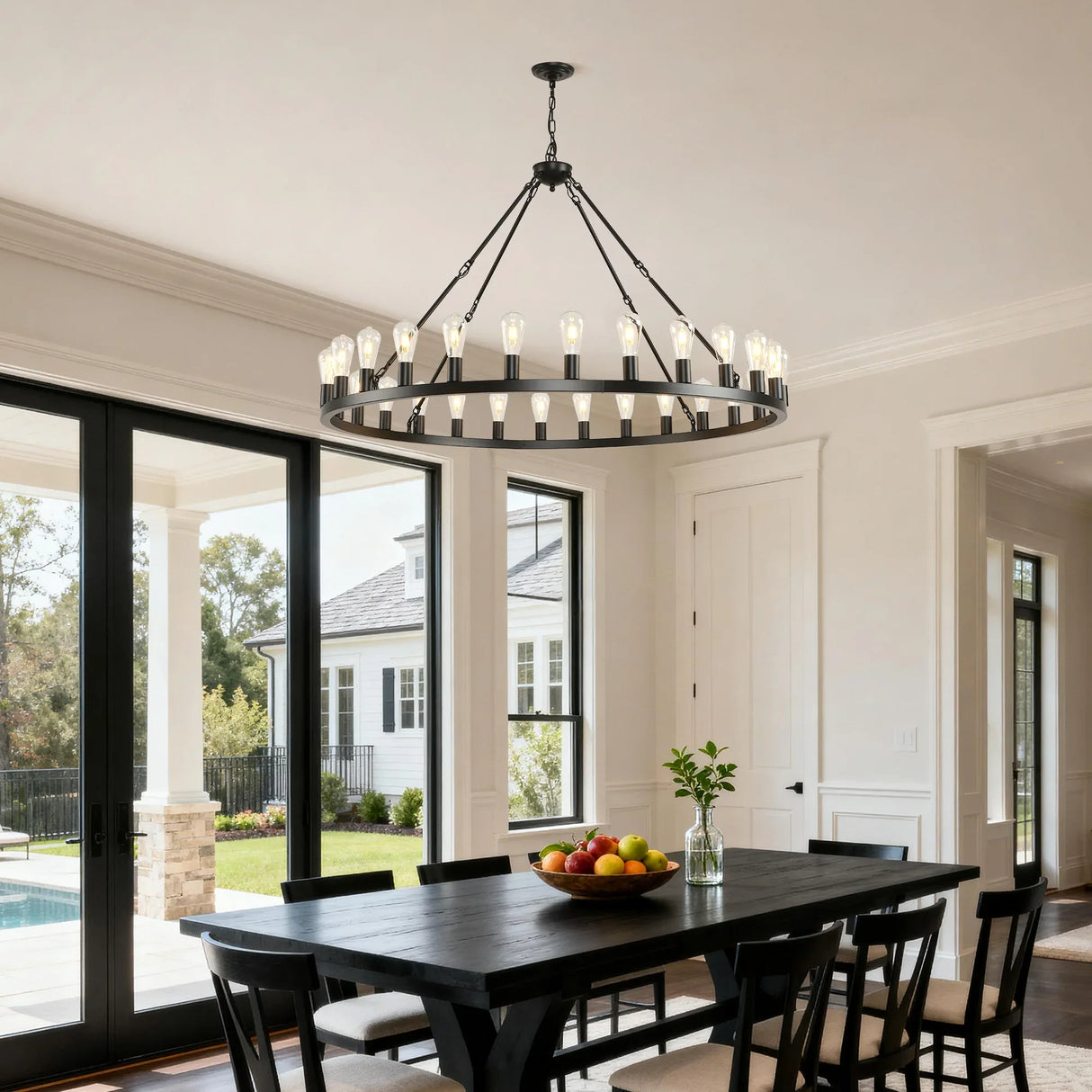 Farmhouse Matte Black Wagon Wheel 12-Light Chandelier - Omega Lifestyles