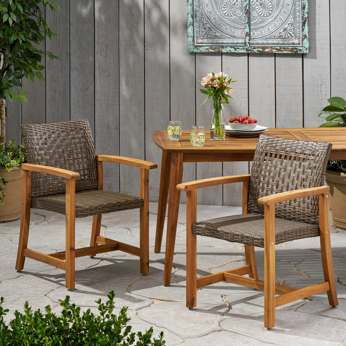 Pair Of Acacia Wood And Wicker Dining Chairs - Omega Lifestyles