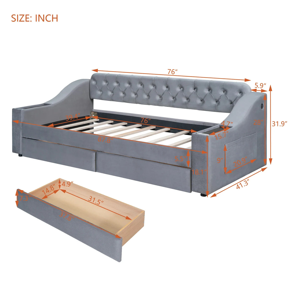 Twin Upholstered Velvet Daybed With Storage Drawers USB Ports - Omega Lifestyles