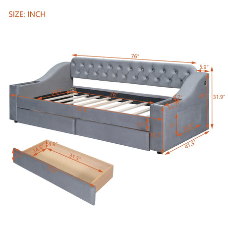 Twin Upholstered Velvet Daybed With Storage Drawers USB Ports - Omega Lifestyles