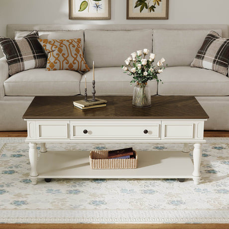 Mid-Century Farmhouse Coffee Table With Drawer Wheels - Sleep Galleria