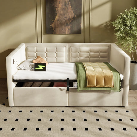 Twin Beige Velvet Upholstered Hydraulic Storage Bed Frame - Omega Lifestyles