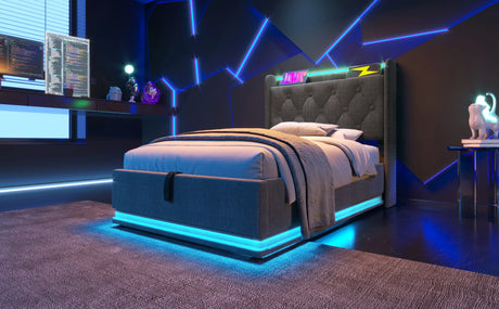 Twin Upholstered Linen Storage Bed With LED Lighting - Omega Lifestyles