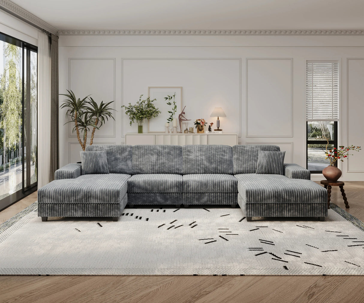 Modern Convertible U-Shaped Corduroy Fabric Sofa - Omega Lifestyles