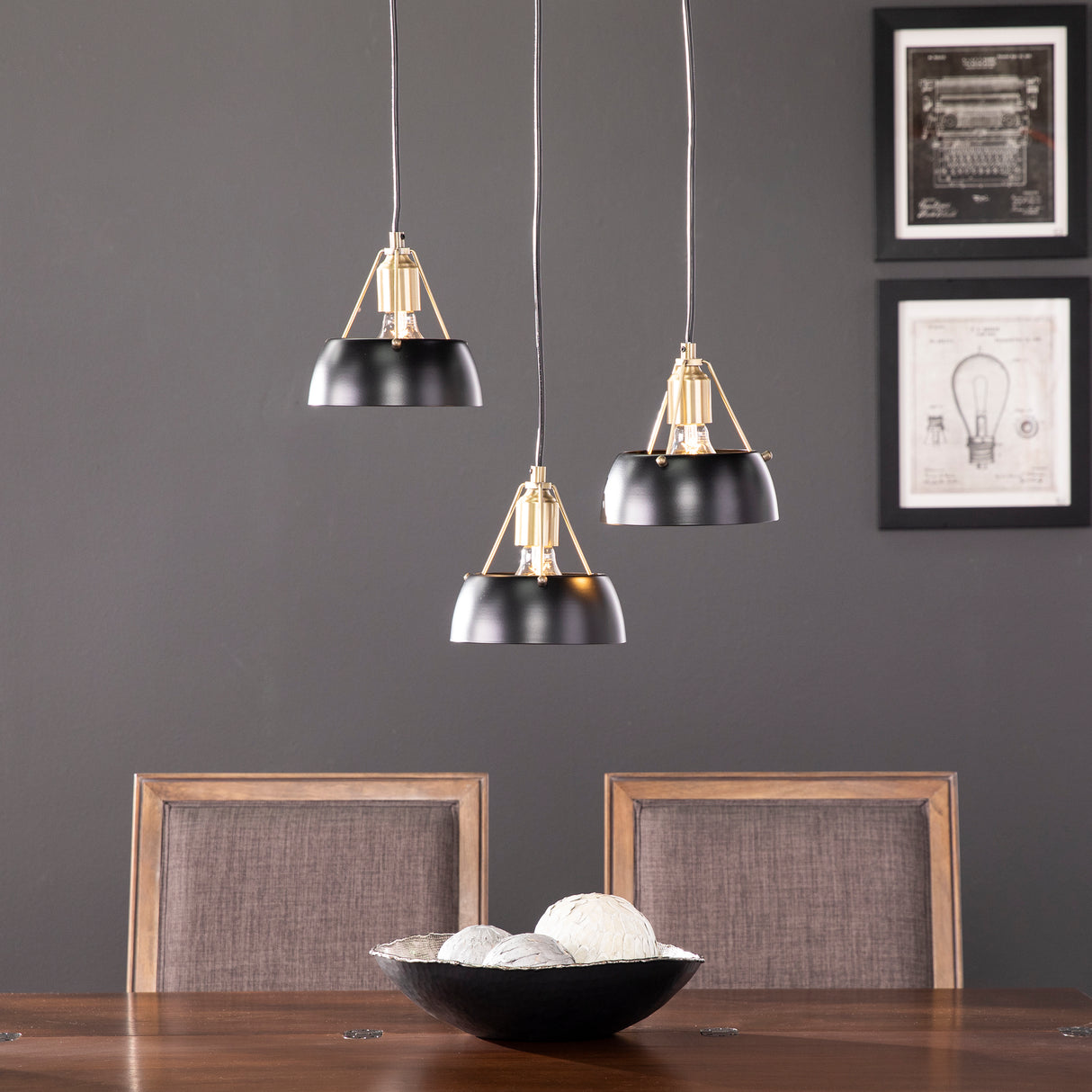 Contemporary Black Iron Three-Light Cluster Pendant