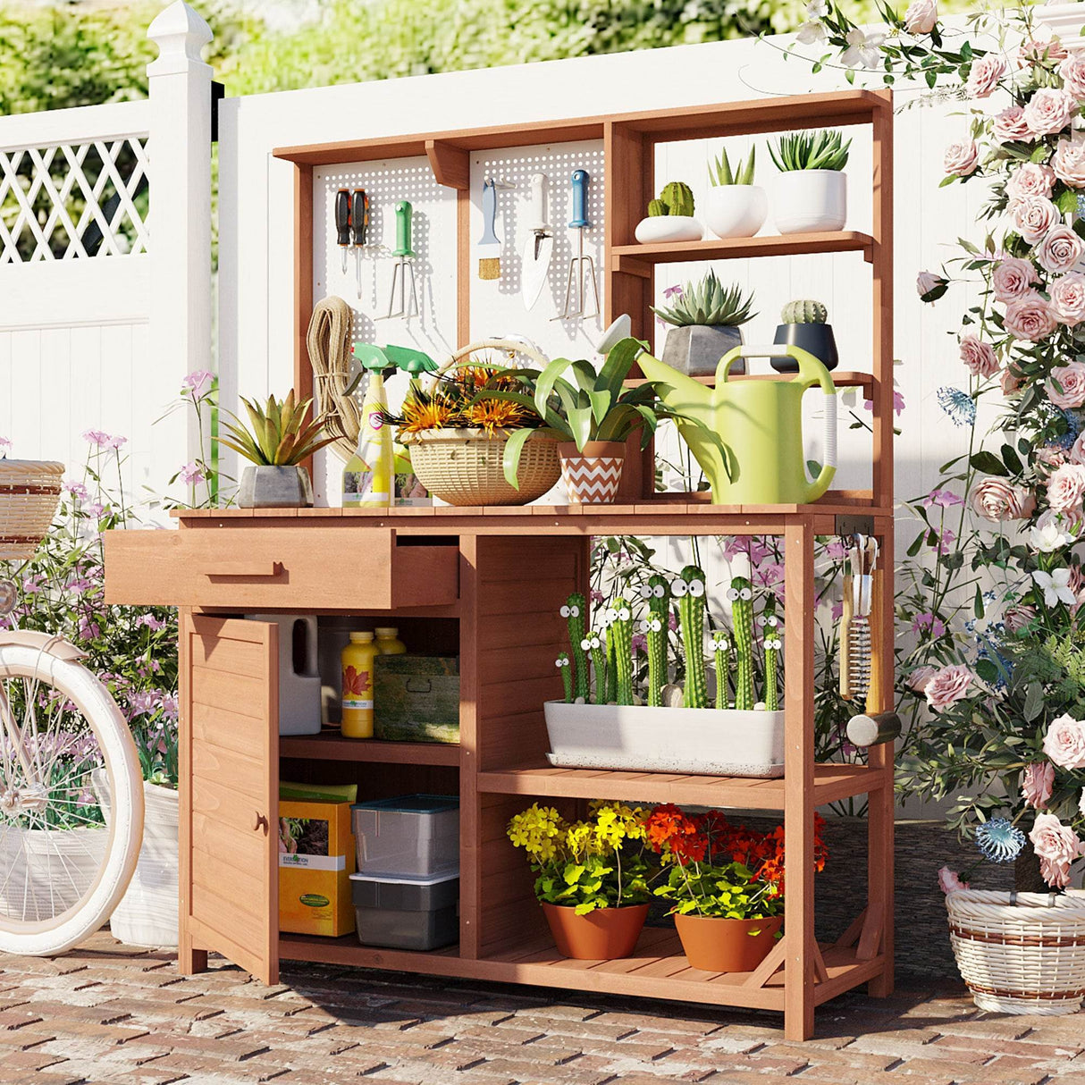 Rustic Fir Wood Potting Bench With Storage Hutch