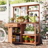 Rustic Fir Wood Potting Bench With Storage Hutch