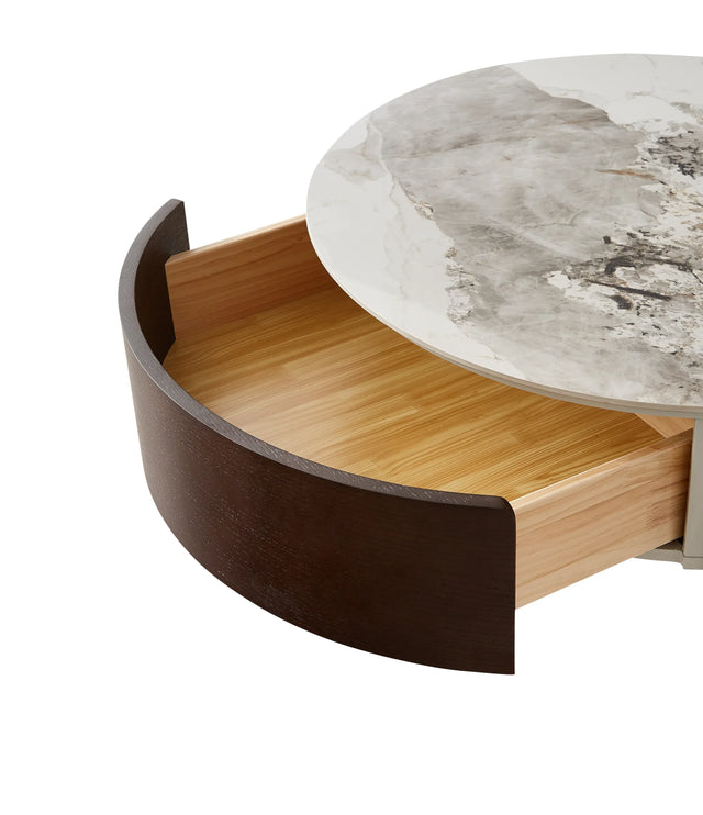 Round Ceramic Top Coffee Table With Drawers And Metal Legs - Omega Lifestyles
