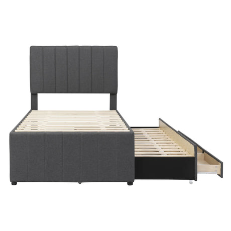 Twin Upholstered Linen Platform Bed With Trundle And Drawers - Omega Lifestyles