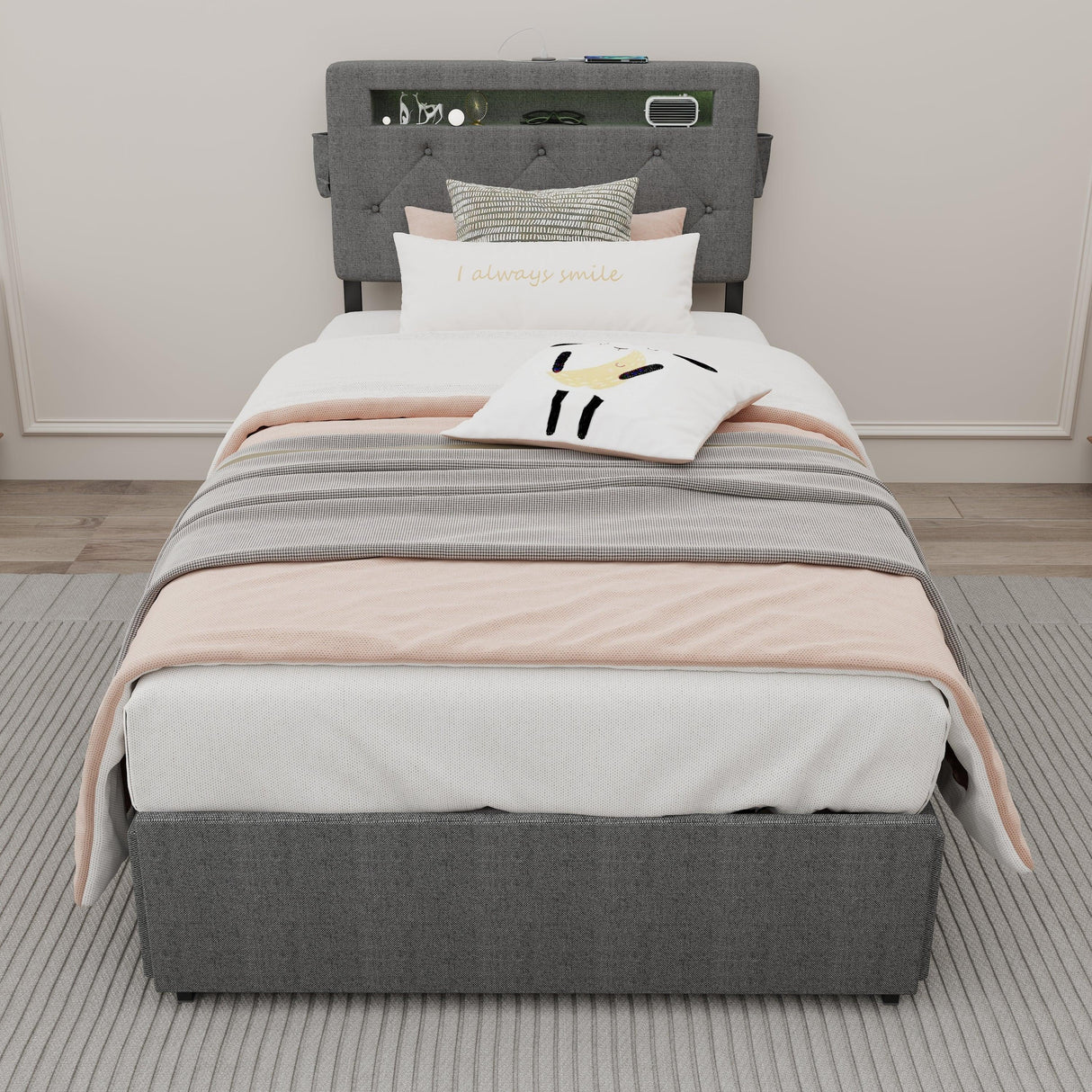 Twin Upholstered Bed Frame With Storage Drawers And USB Charging - Omega Lifestyles