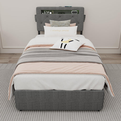 Twin Upholstered Bed Frame With Storage Drawers And USB Charging - Omega Lifestyles