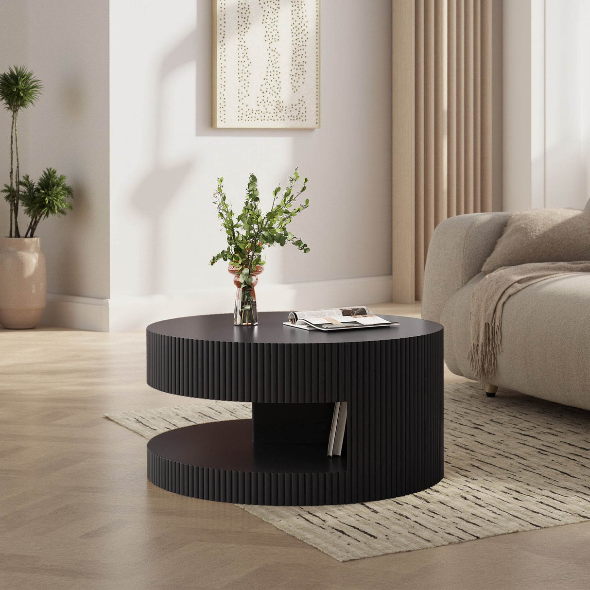 Round Black MDF Two-Tier Storage Coffee Table - Sleep Galleria