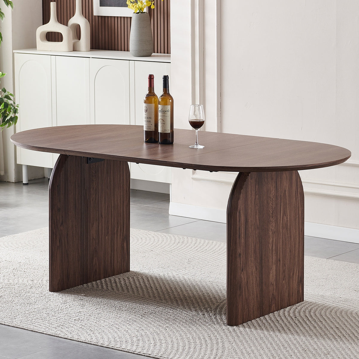 Modern Walnut Oval Dining Table With Double-Column Legs