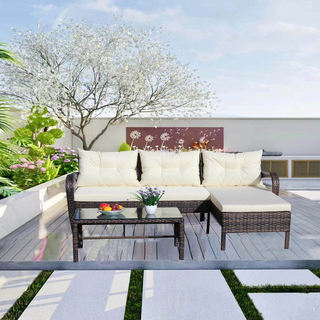 3-Piece Outdoor Brown Rattan Conversation Sofa Set With Cushions - Omega Lifestyles