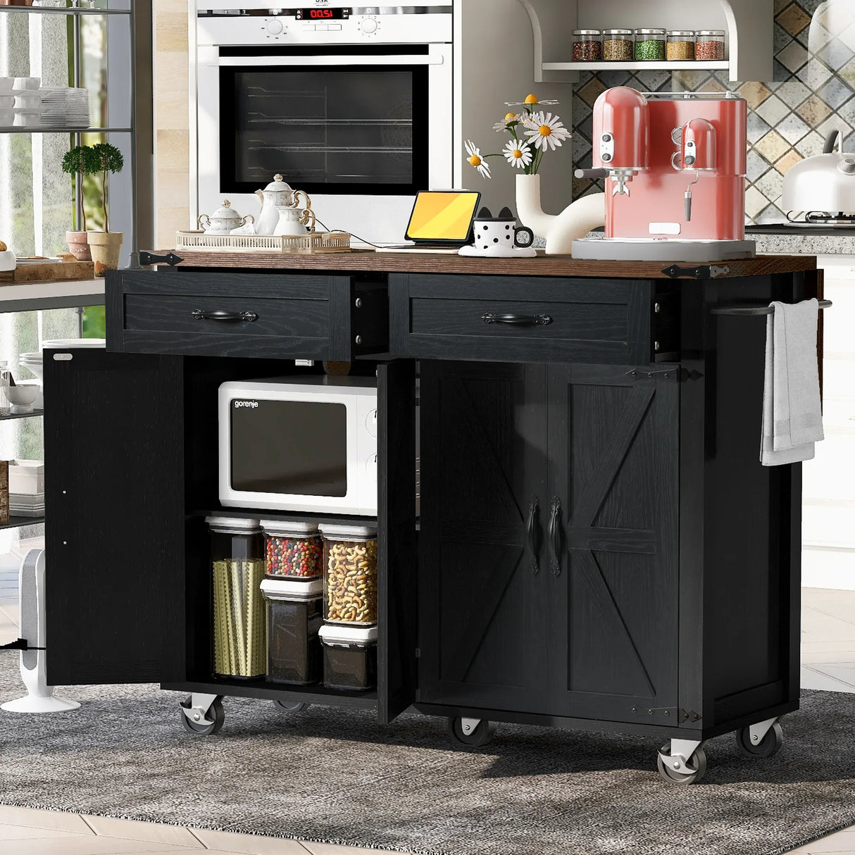 Farmhouse Style Rolling Kitchen Island With Power Outlet - Omega Lifestyles
