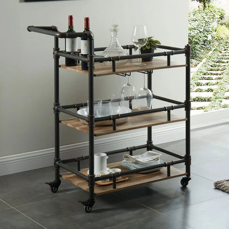 Industrial Style Metal Frame 3-Tier Oak Serving Cart - Omega Lifestyles