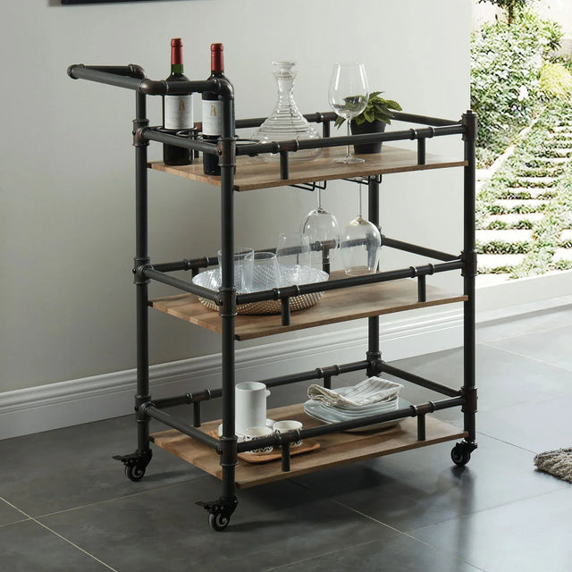Industrial Style Metal Frame 3-Tier Oak Serving Cart - Omega Lifestyles