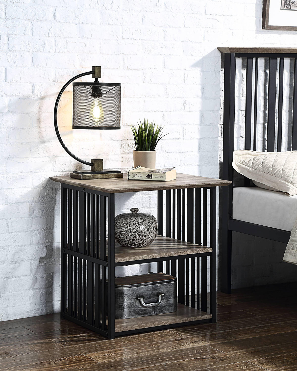 Industrial Black Oak Metal Nightstand With Open Storage - Omega Lifestyles