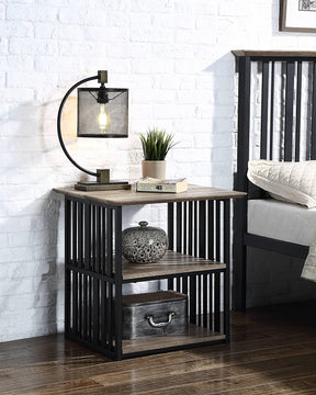 Industrial Black Oak Metal Nightstand With Open Storage - Omega Lifestyles