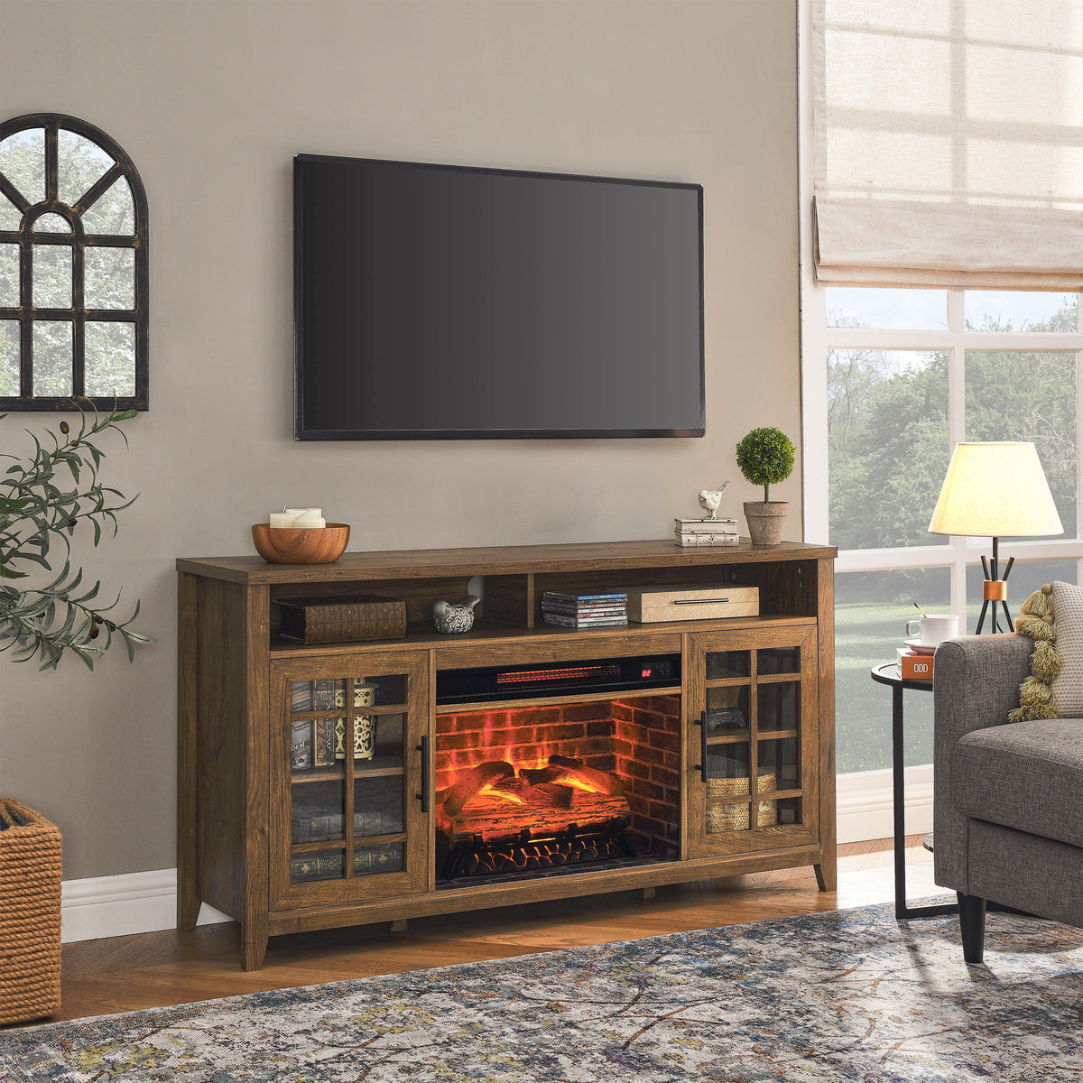 Reclaimed Barnwood 55-Inch Electric Fireplace TV Stand