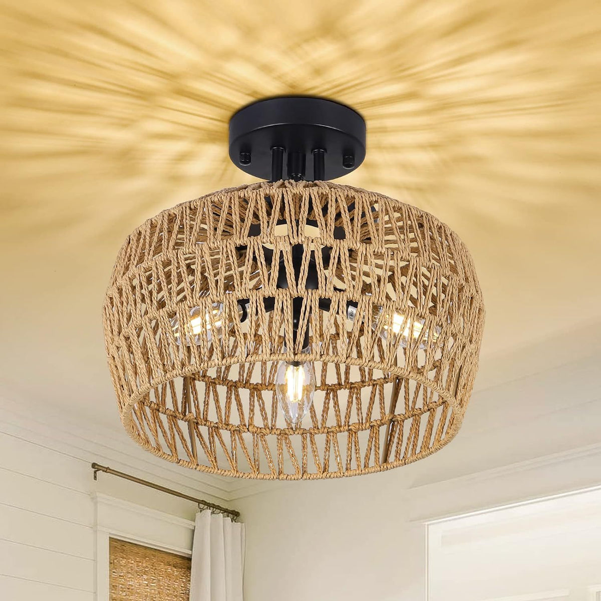 Boho Rattan 3-Light Semi Flush Mount Ceiling Light