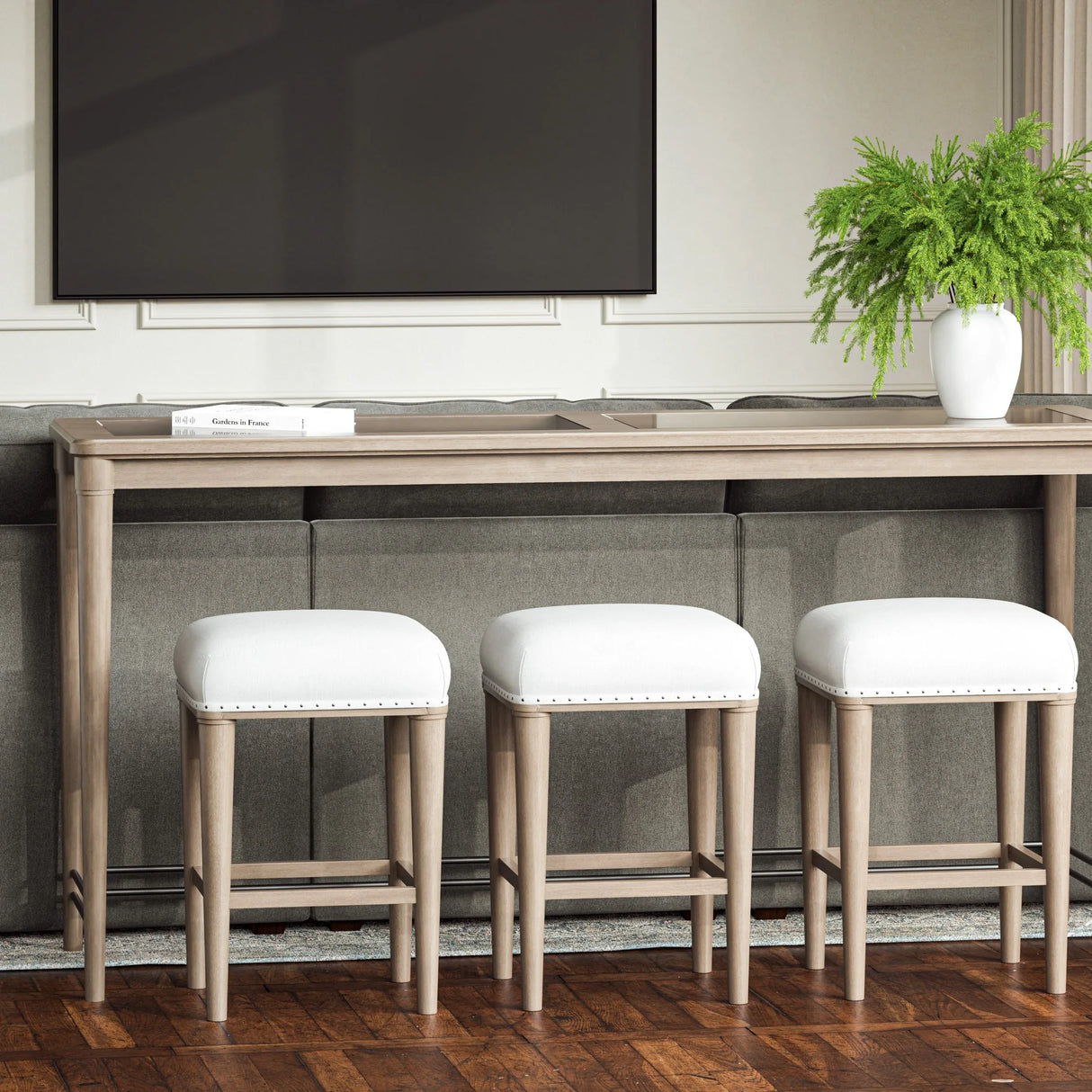 Transitional Sand Finish Frosted Glass Console Table With Stools - Omega Lifestyles