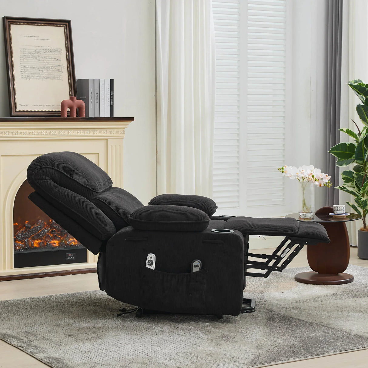 Medium-Firm Corduroy Remote-Controlled Heating Massage Recliner - Omega Lifestyles