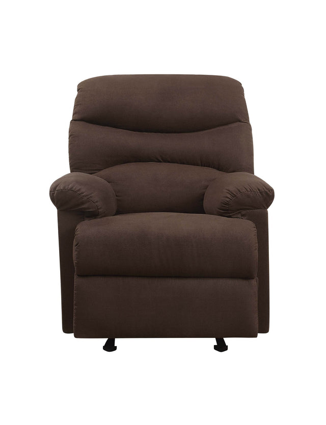 Chocolate Microfiber Glider Recliner With Pillow Top Arms - Omega Lifestyles