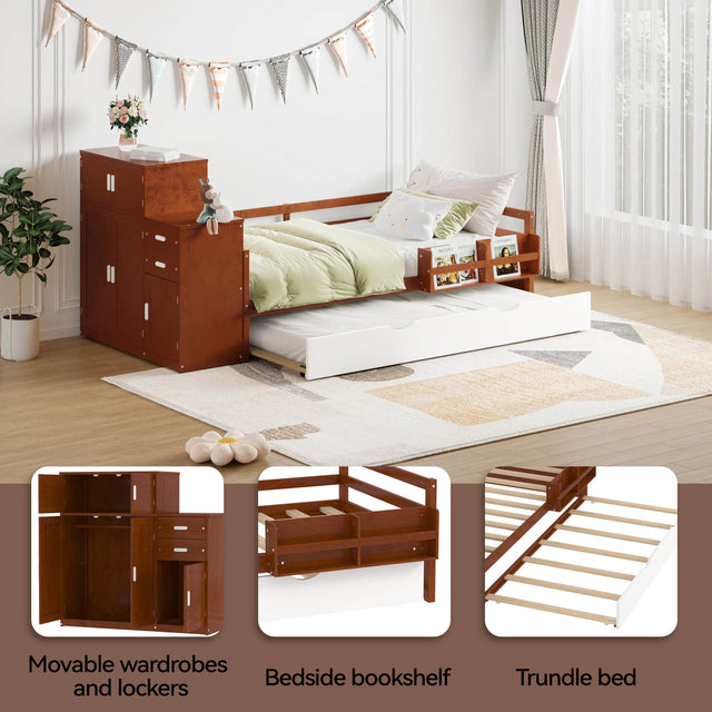 Twin Wood Platform Bed With Bookshelf Movable Wardrobe And Trundle - Omega Lifestyles