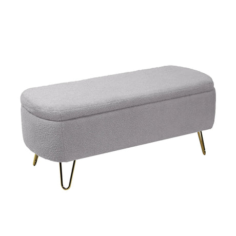 Grey Faux Fur Upholstered Storage Bench With Gold Legs - Omega Lifestyles