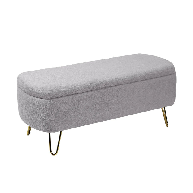 Grey Faux Fur Upholstered Storage Bench With Gold Legs - Omega Lifestyles